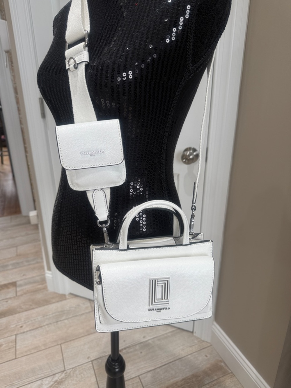 Karl Lagerfeld White Mini Top-Handle Crossbody with Detachable Strap
